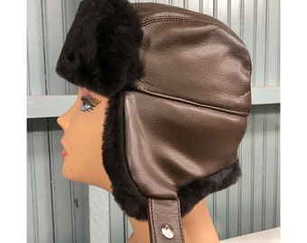 Vintage Brown Trooper Vinyl Mouton Made in USA Snap Ear Flaps 6 7/8 Langenberg Hat Cap