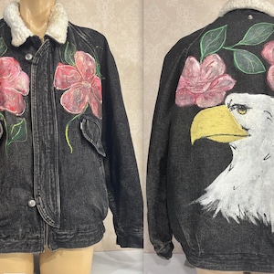 Adler Dame Handbemalte Jean Keene Vintage Levi Jeansjacke Made USA Sherpa