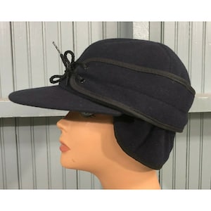 Vintage Wool Navy Blue Railroad Tie Made in USA Ear Flaps 7 7/8 Langenberg Hat Cap