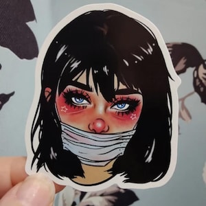 Sick Girl Face Mask Cute Kawaii Vinyl Sticker Horror Creepy Cute Gothic Art Watercolor Laptop Water Bottle Stickers