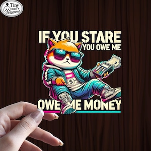 Si vous me fixez, autocollant tu me dois de l&#39;argent, autocollant chat humoristique, autocollant chat meme, autocollant citation drôle de chat, autocollant bouteille d&#39;eau cadeau pour amoureux des chats
