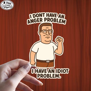 May include: A sticker featuring a cartoon character with glasses and a white shirt, brown pants, and a brown belt. The sticker has the text "I DONT HAVE AN ANGER PROBLEM" above the character and "I HAVE AN IDIOT PROBLEM" below.