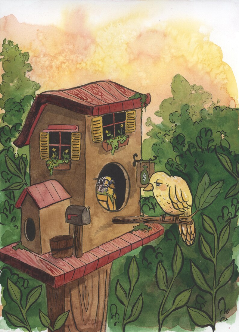 8x10 PRINT painting bird fantasy beatrix potter inspired pharmacy parakeet goldfinch songbird childrens art The Birdhouse