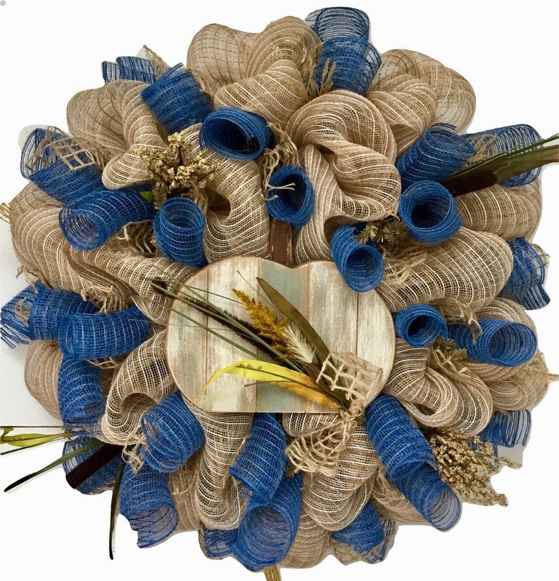 Autumn Coastal Wreath With Slotted Pumpkin Handmade Deco Mesh