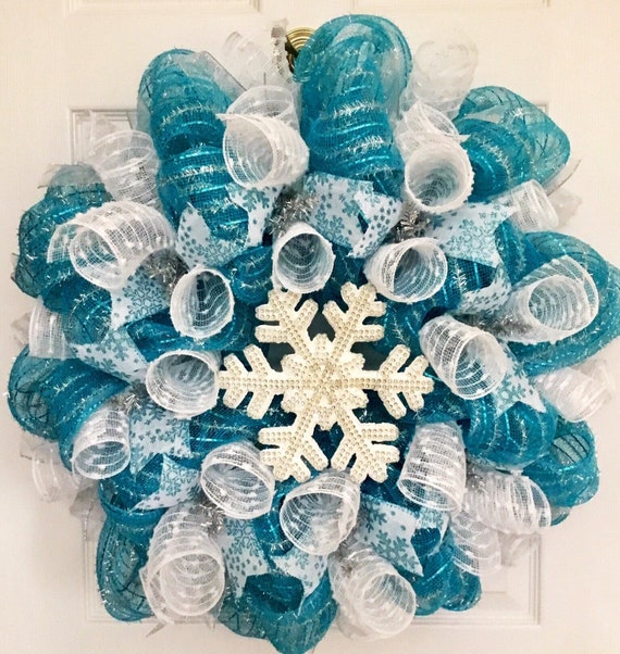 Blue And Silver Poinsettia Holiday Deco Mesh Wreath Handmade Blue And Silver Poinsettia Holiday Deco Mesh Wreath Handmade