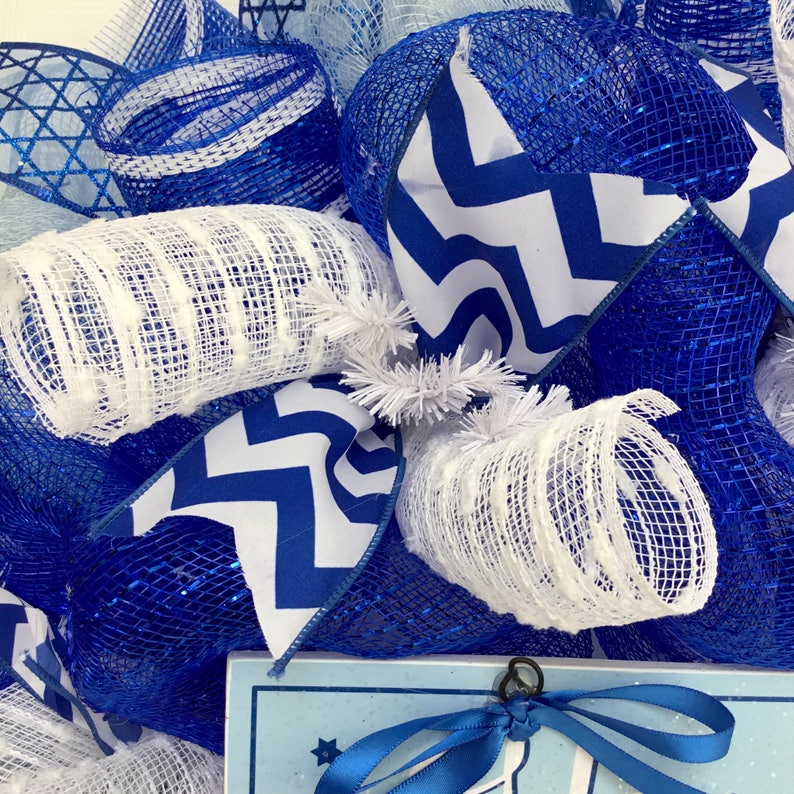 Happy Hanukkah Wreath with Menorah and Dreidel Handmade Deco Mesh