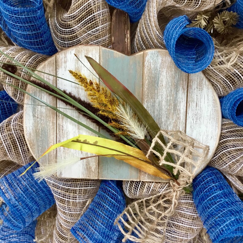 Autumn Coastal Wreath With Slotted Pumpkin Handmade Deco Mesh