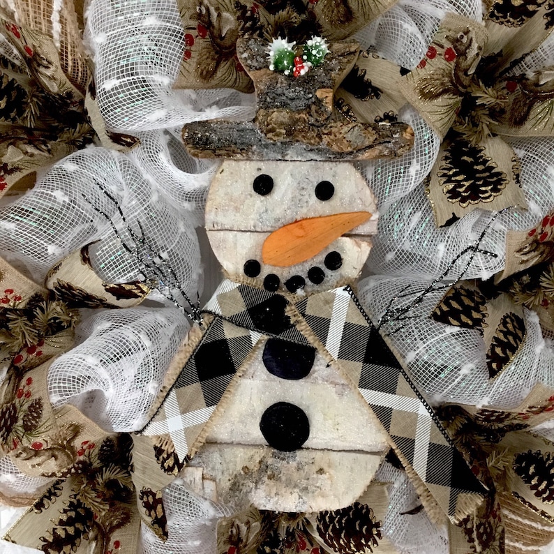 Rustic Woodland Snowman Winter Or Holiday Wreath Handmade Deco Mesh
