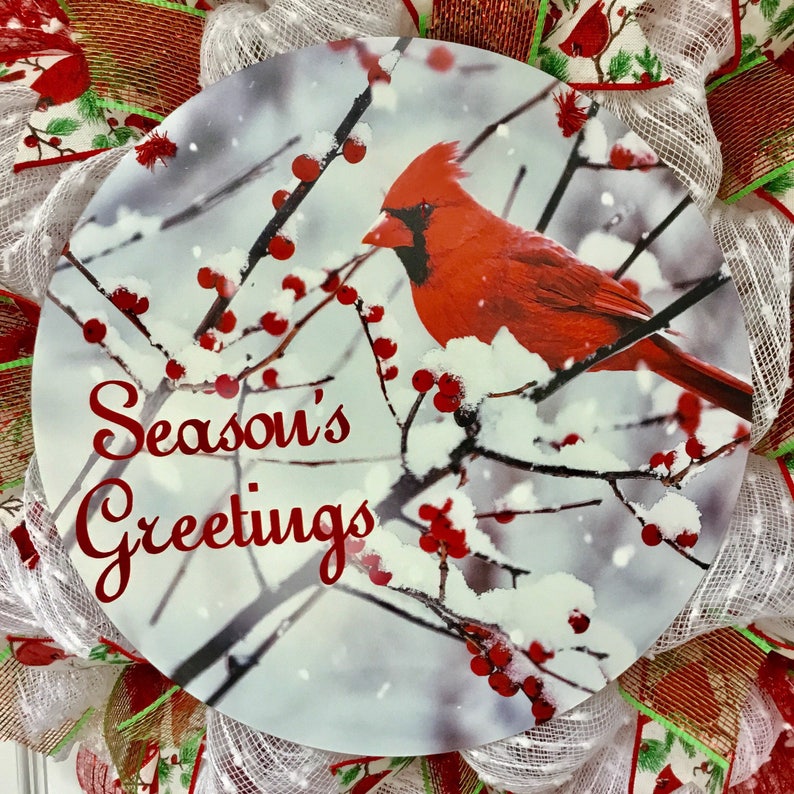 Seasons Greetings Cardinal Handmade Deco Mesh Holiday Wreath