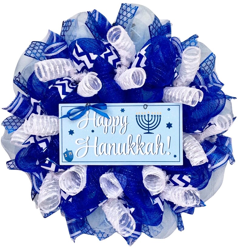 Happy Hanukkah Wreath with Menorah and Dreidel Handmade Deco Mesh