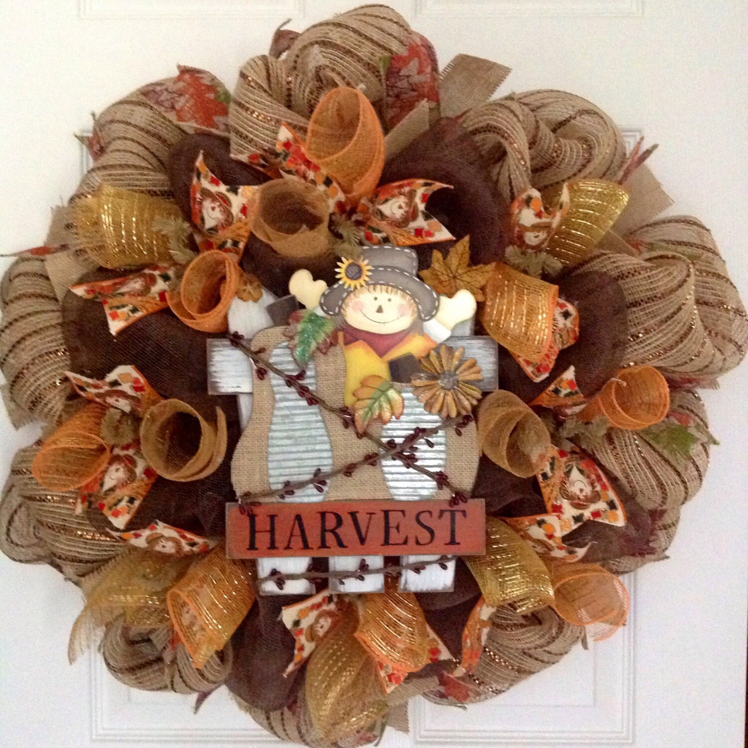 Adorable Scarecrow With Gourds and Flowers Deco Mesh Harvest | Etsy