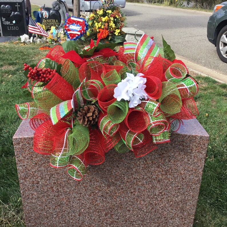 Christmas Poinsettia Grave Saddle Handmade Deco Mesh Etsy