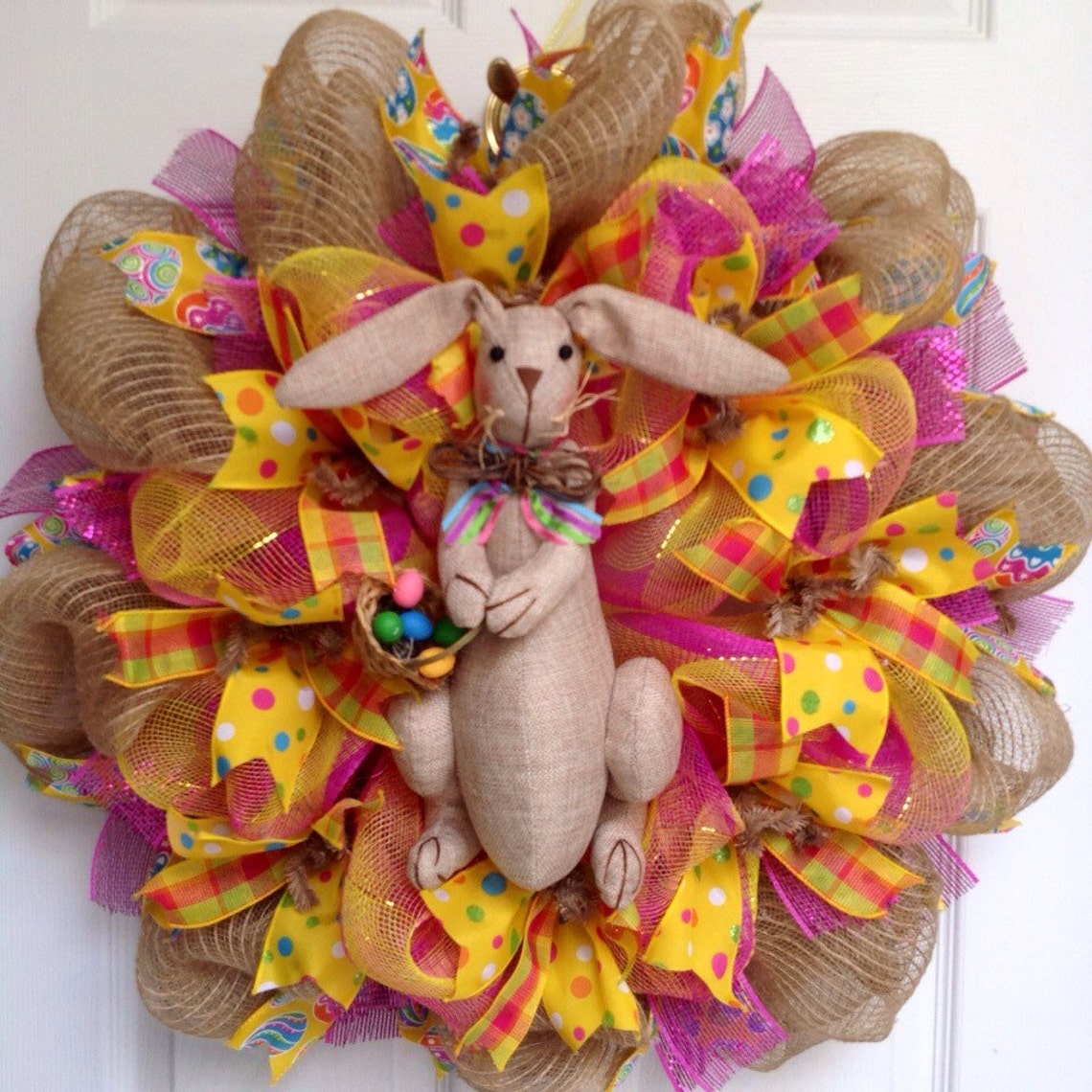 Burlap Easter Bunny With Easter Egg Basket Deco Mesh Wreath Etsy