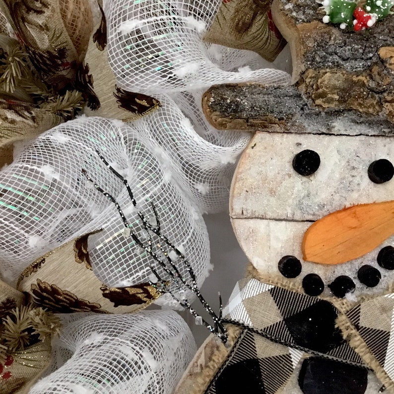 Rustic Woodland Snowman Winter Or Holiday Wreath Handmade Deco Mesh