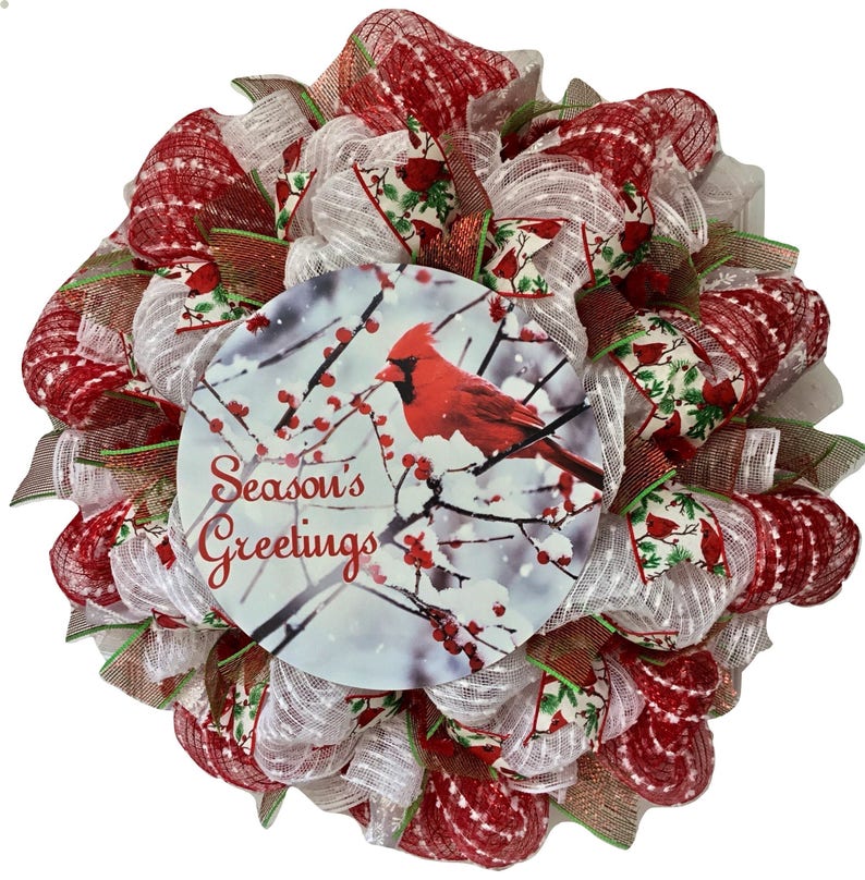Seasons Greetings Cardinal Handmade Deco Mesh Holiday Wreath