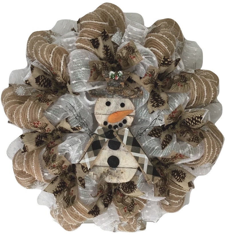 Rustic Woodland Snowman Winter Or Holiday Wreath Handmade Deco Mesh