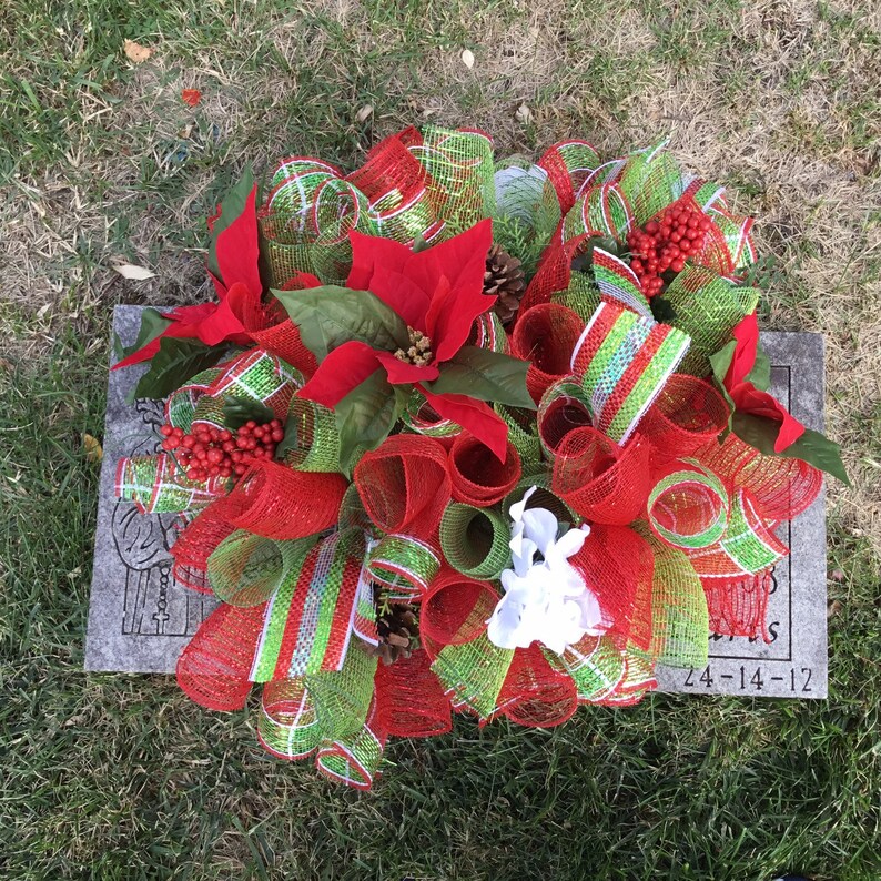 Christmas Poinsettia Grave Saddle Handmade Deco Mesh Etsy
