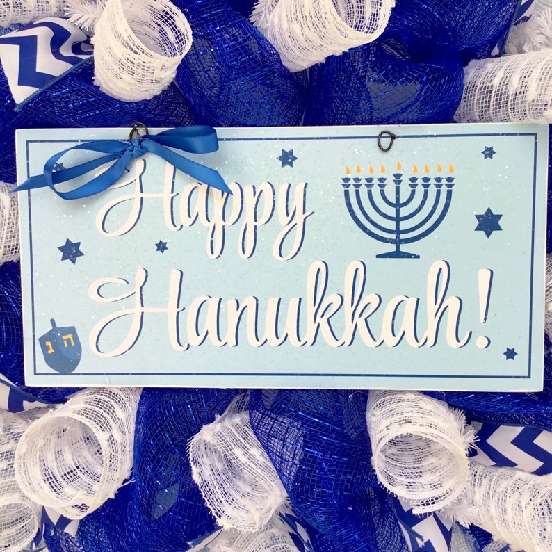 Happy Hanukkah Wreath with Menorah and Dreidel Handmade Deco Mesh