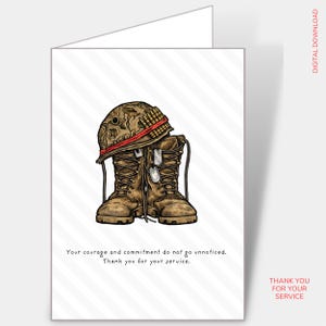 May include: Greeting card with a military theme. The illustration features a camouflage helmet, brown combat boots, and dog tags. Text reads, "Your courage and commitment do not go unnoticed. Thank you for your service."