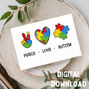 Pace. Amore. Autismo - Biglietto d'auguri carino/Autismo, stampabile e scaricabile digitalmente per un formato 13x18 cm