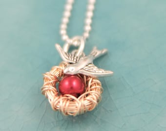 July Birthstone Necklace - Wire Wrapped Nest Necklace - Mothers Day Gift for Mom - Birthstone Necklace for Mom - Mothers Necklace Birds Nest