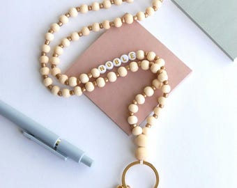 Personalized Boho Teacher Lanyard, Personalized Lanyard, Glass Seed Beads, Badge Holder, Teacher Gift, Wood Beads and Gold Lanyard, ID Badge