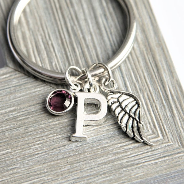 Angel Wing Keychain with Initial Charm and Birthstone | Spiritual Keychain | Grieving Gift | Sympathy Gifts | Loss Of Loved One Gift