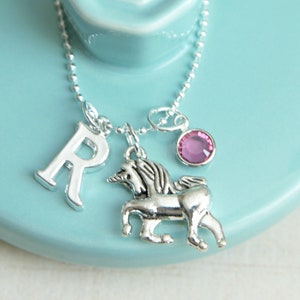 Unicorn Charm Birthstone Necklace - Personalized Name Necklace for Girls - Girls Birthday Gift - Fairy Tale Necklace - Fairytale Jewelry