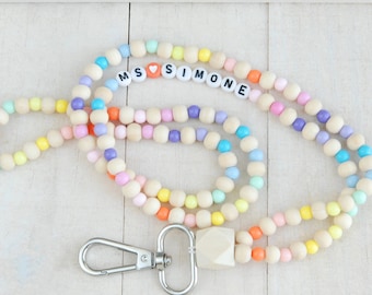 Boho Wood Bead Teacher Lanyard, Personalized Lanyard, Glass Seed Beads, Teacher, Badge Holder, Teacher Gift, Bead Lanyard with Wood Beads