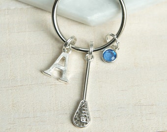 Lacrosse Keychain with Birthstone & Initial - Lacrosse Team Gift - Lacrosse Stick Personalized Keychain - Gift for Teen - Senior Gift