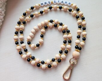 Personalized Teacher Lanyard, Black Gold Wood Beaded Lanyard, Custom Name Badge Holder, Teacher Coach and School Staff Gift