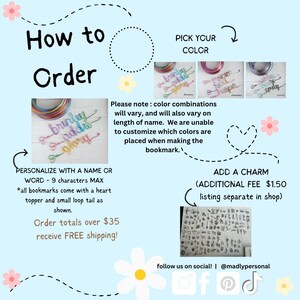 May include: A light blue instructional graphic for custom wire bookmarks. It features examples of names written in colorful wire, a grid of small metal charms, and text explaining how to order, including a nine-character limit for personalization.