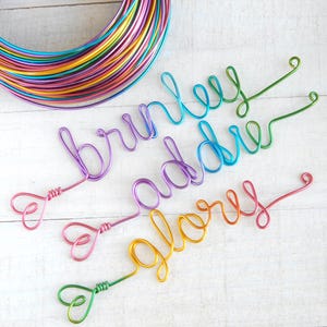 May include: Three custom wire names shaped into cursive script reading Brinley, Addie, and Glory. Each name is crafted from multicolored metallic wire, featuring a small heart-shaped loop at the beginning and a coiled end. A large coil of rainbow wire sits above.