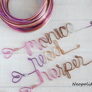 May include: A coil of multi-colored metallic wire in shades of pink, copper, and silver, alongside three wire-formed names: monica, read, and harper. Each name is crafted from continuous wire in varying metallic tones with heart-shaped ends.