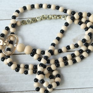 Teacher Lanyard, Personalized Lanyard, Acrylic Beaded Lanyard, Glass Beads, Teacher, Badge Holder, Black and Wood Beads, Gold Beads