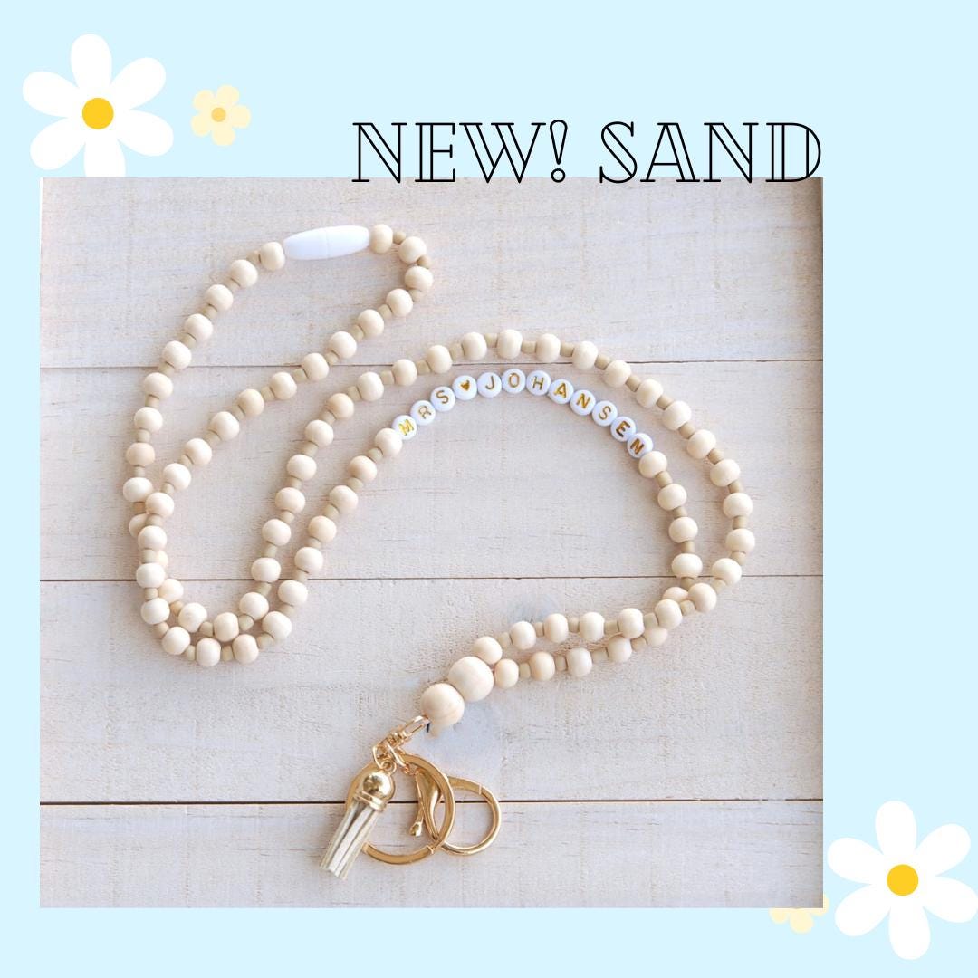 Personalized Boho Teacher Lanyard, Personalized Lanyard, Glass Seed Beads, Badge Holder, Teacher Gift, Wood Beads and Gold Lanyard, ID Badge