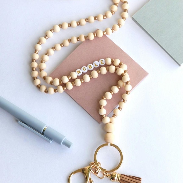 Personalized Boho Teacher Lanyard, Personalized Lanyard, Glass Seed Beads, Badge Holder, Teacher Gift, Wood Beads and Gold Lanyard, ID Badge