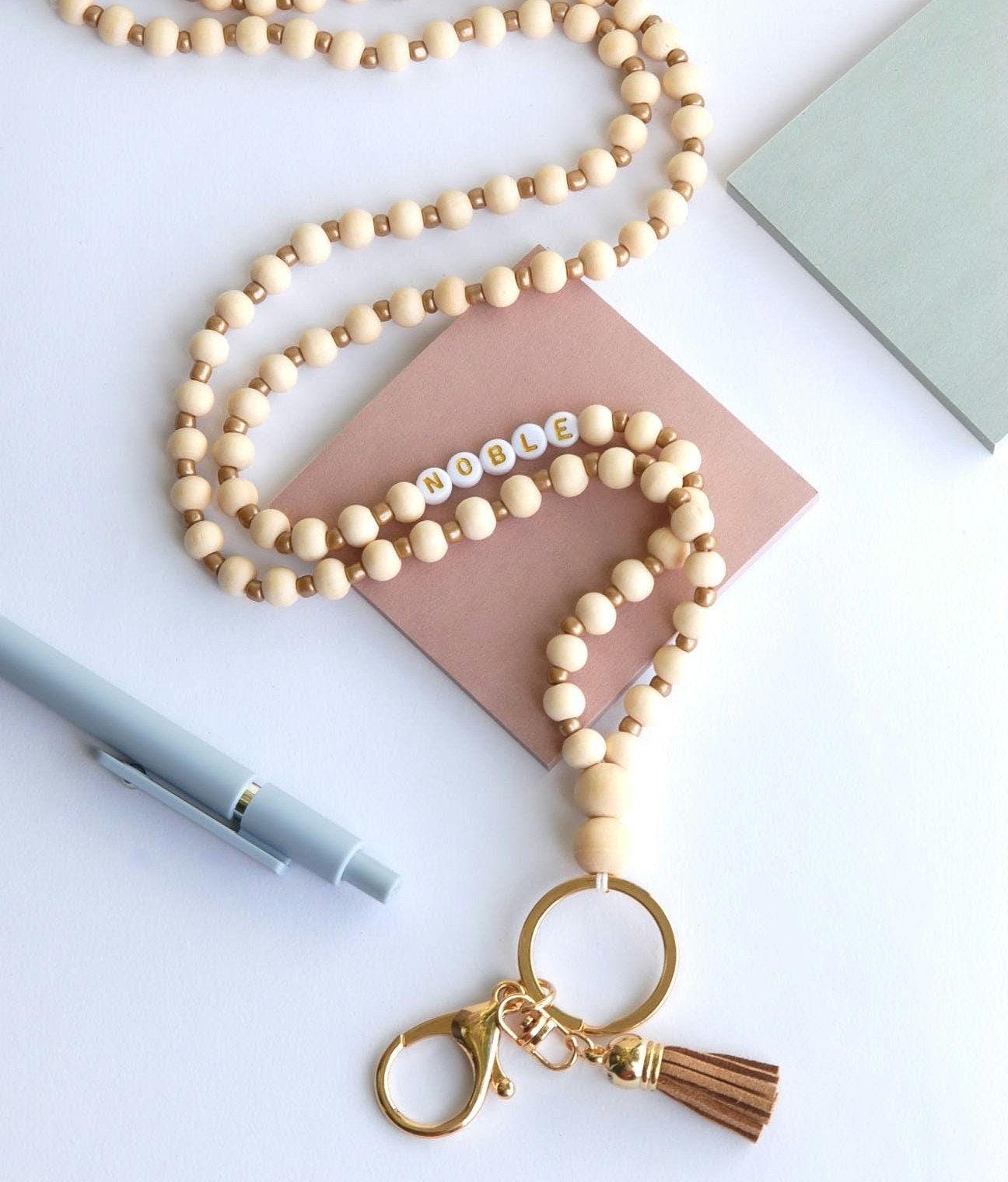 Personalized Boho Teacher Lanyard, Personalized Lanyard, Glass Seed Beads, Badge Holder, Teacher Gift, Wood Beads and Gold Lanyard, ID Badge