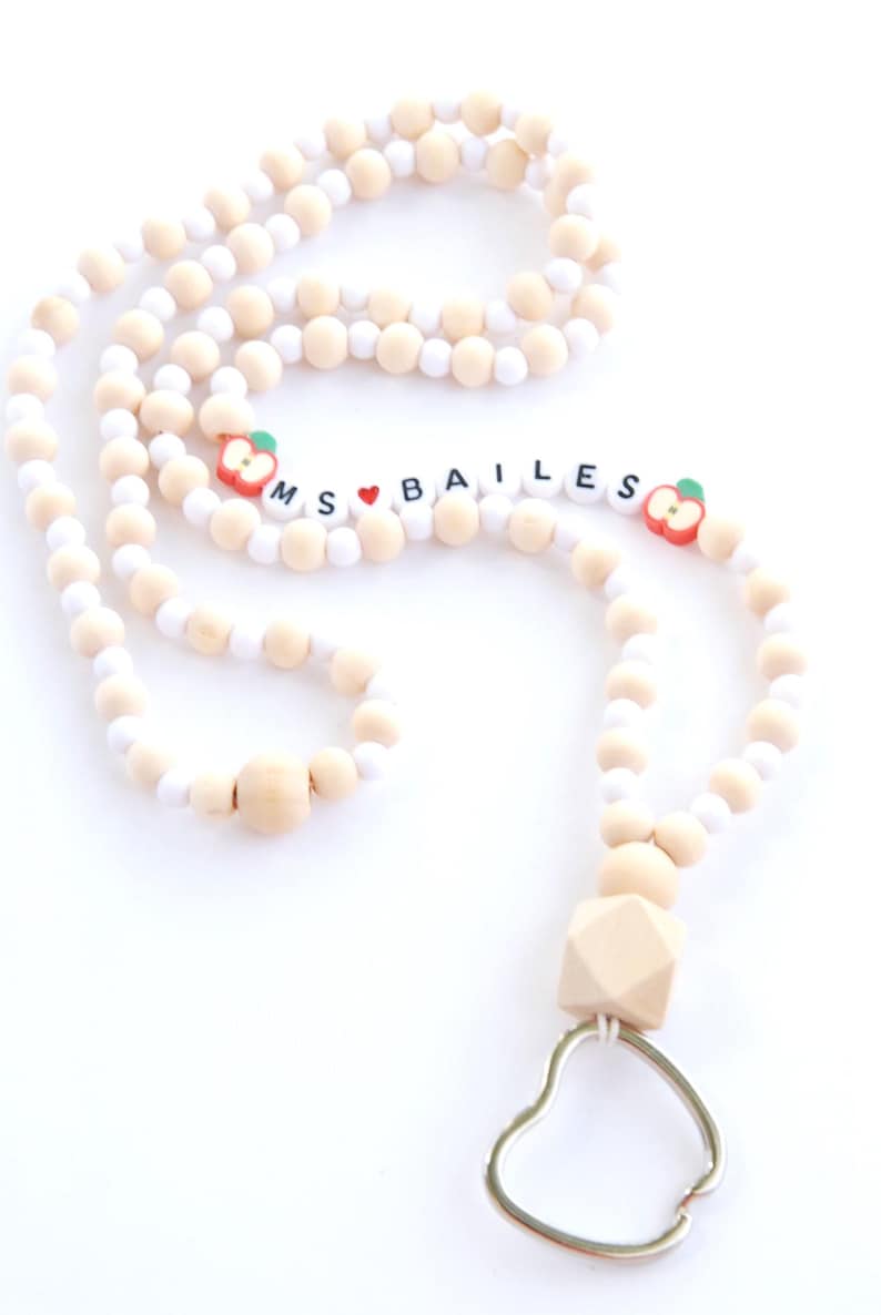Boho Wood Bead Teacher Lanyard, Personalized Lanyard, Apple Beads, Teacher, Badge Holder, Teacher Gift, Bead Lanyard with Wood Beads