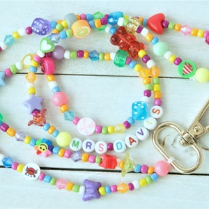 Teacher Lanyard, Personalized Lanyard, Acrylic Beaded Lanyard, Glass Beads, Teacher, Badge Holder, Colorful Bubble Gum Beads, Y2K Necklace