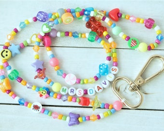 Teacher Lanyard, Personalized Lanyard, Acrylic Beaded Lanyard, Glass Beads, Teacher, Badge Holder, Colorful Bubble Gum Beads, Y2K Necklace