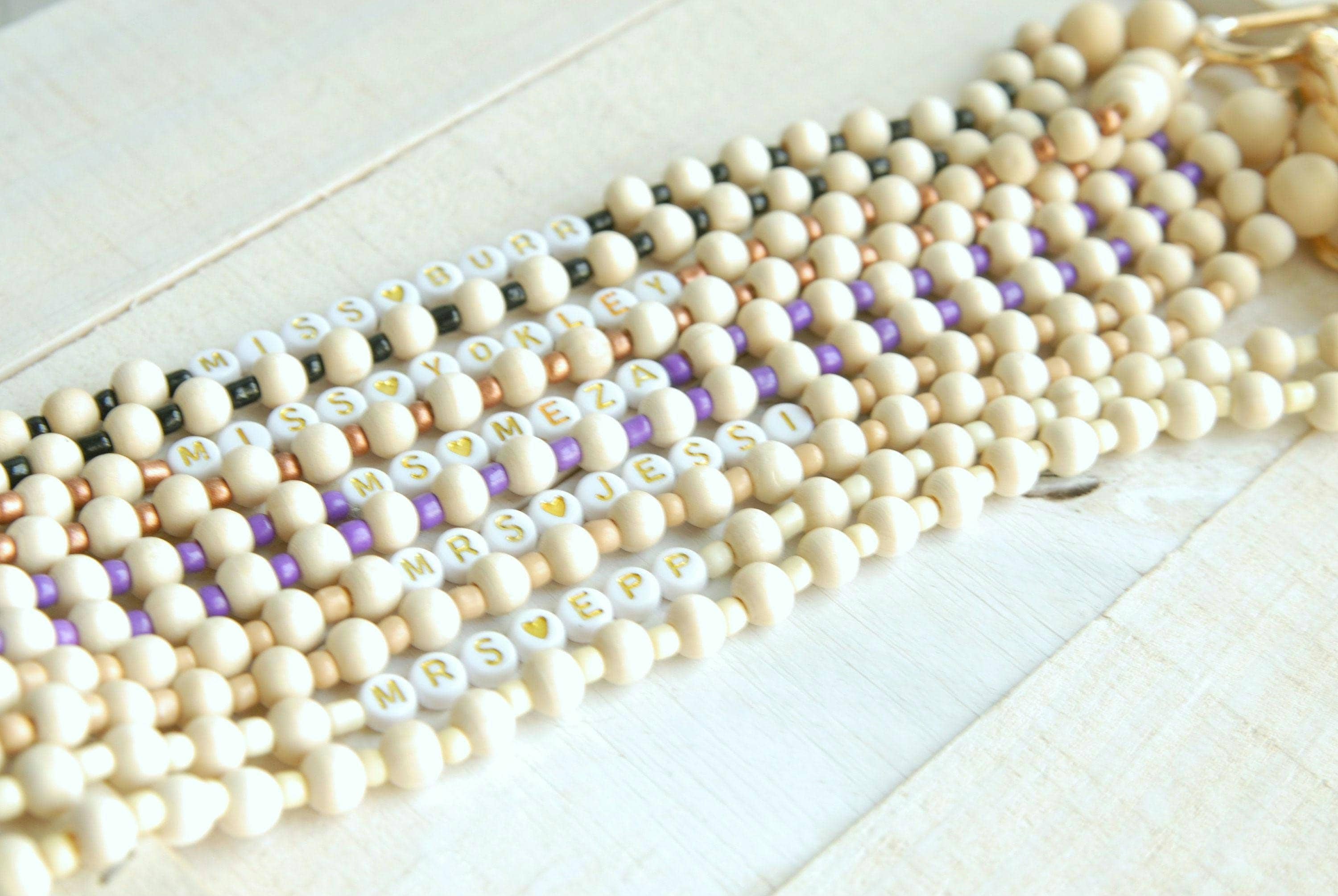 Personalized Boho Teacher Lanyard, Personalized Lanyard, Glass Seed Beads, Badge Holder, Teacher Gift, Wood Beads and Gold Lanyard, ID Badge