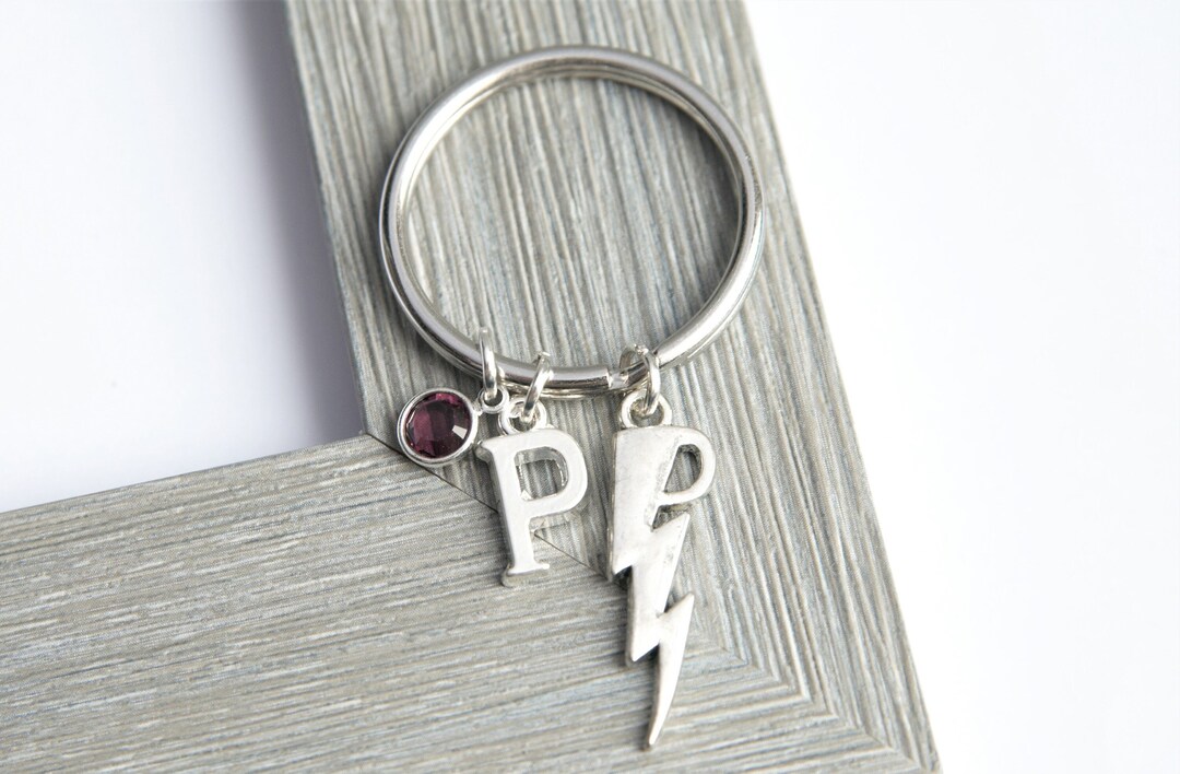 Lightning Bolt Keychain With Initial Charm and Birthstone Lightning