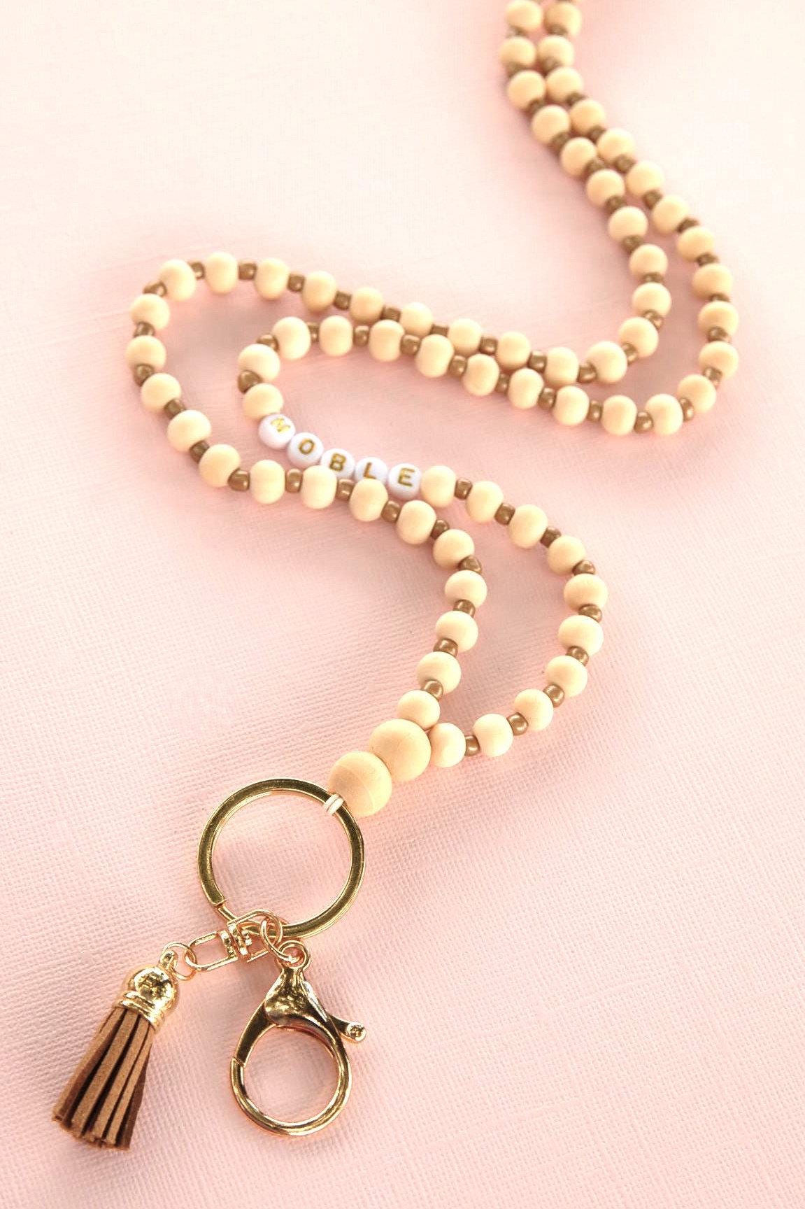 Personalized Boho Teacher Lanyard, Personalized Lanyard, Glass Seed Beads, Badge Holder, Teacher Gift, Wood Beads and Gold Lanyard, ID Badge