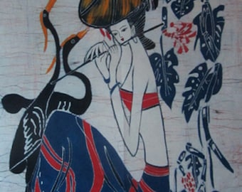 Girl Fluting with Cranes Singing - Chinese Ethnic Batik Painting Tapestry Wall Decor 33 x 27