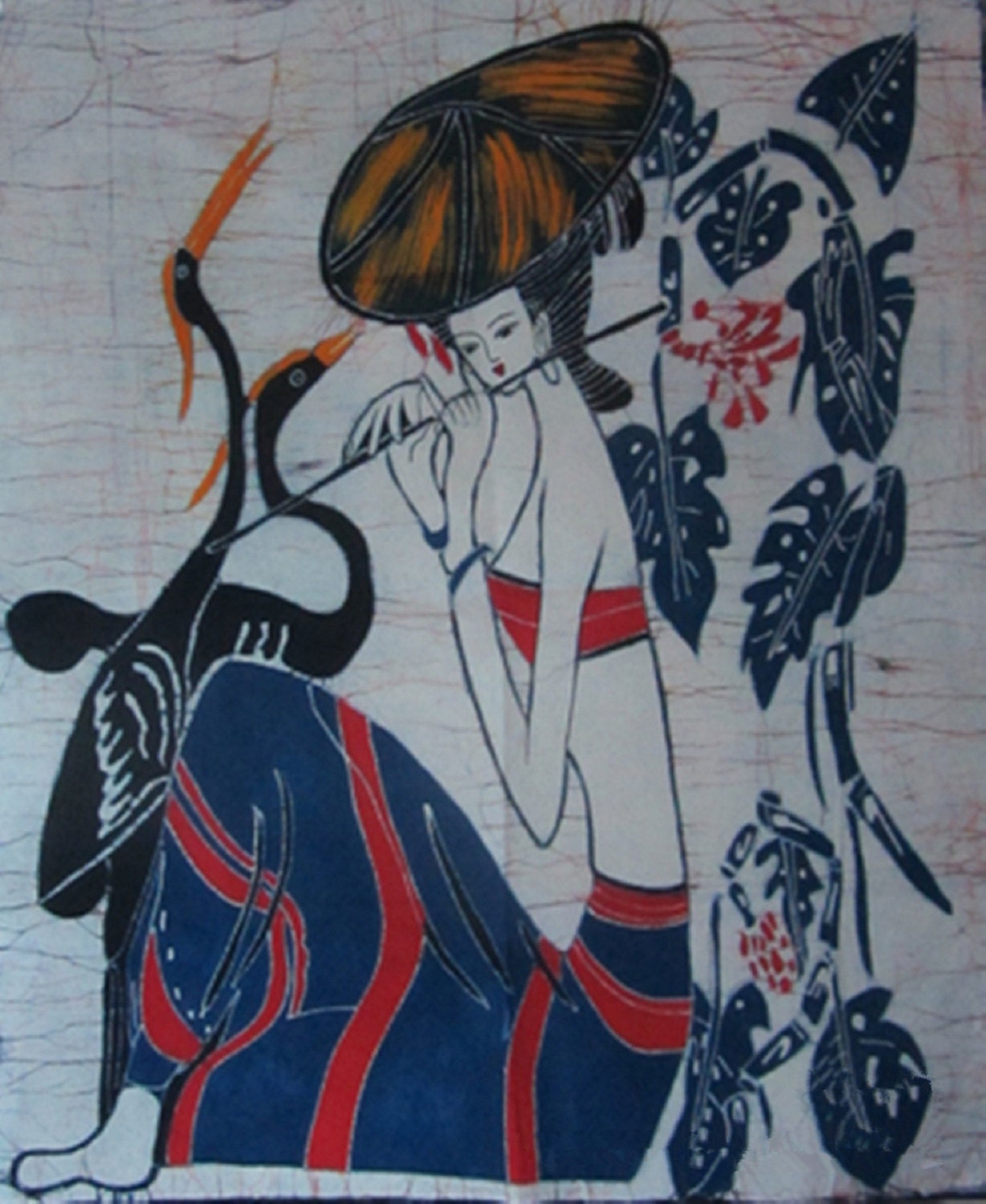 Girl Fluting with Cranes Singing - Chinese Ethnic Batik Painting Tapestry Wall Decor 33 x 27