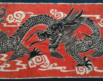 Chinese Dragon/Loong - Chinese Ethnic Batik Painting Banner Tapestry Wall Decor Blue Red