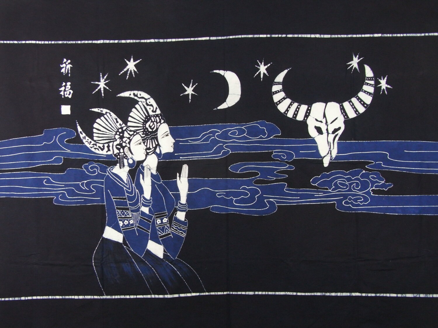 Praying and Blessing - Oversize Blue and White Batik Tapestry Wall Art Decorative Painting 62 x 46 inches
