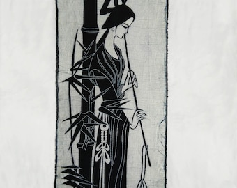 Pretty Woman Playing flute - Chinese Folk Art Batik Painting Wall Decor Tapestry