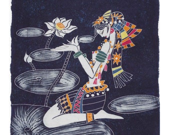 Lotus Girl Decorative Batik Painting Wall Tapestry Decor for Office Dinning Living Room Restaurant